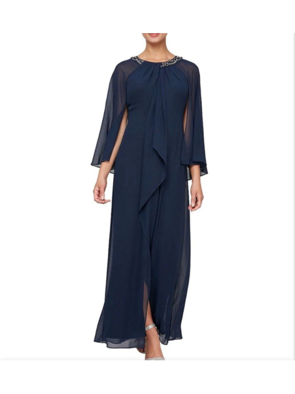 S.L. Fashions Women's Jewel Neck Drape Front Dress Navy Capelet 18 - Orig $149